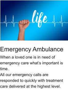 Emergency Ambulance  When a loved one is in need of emergency care what’s important is time.  All our emergency calls are responded to quickly with treatment care delivered at the highest level.